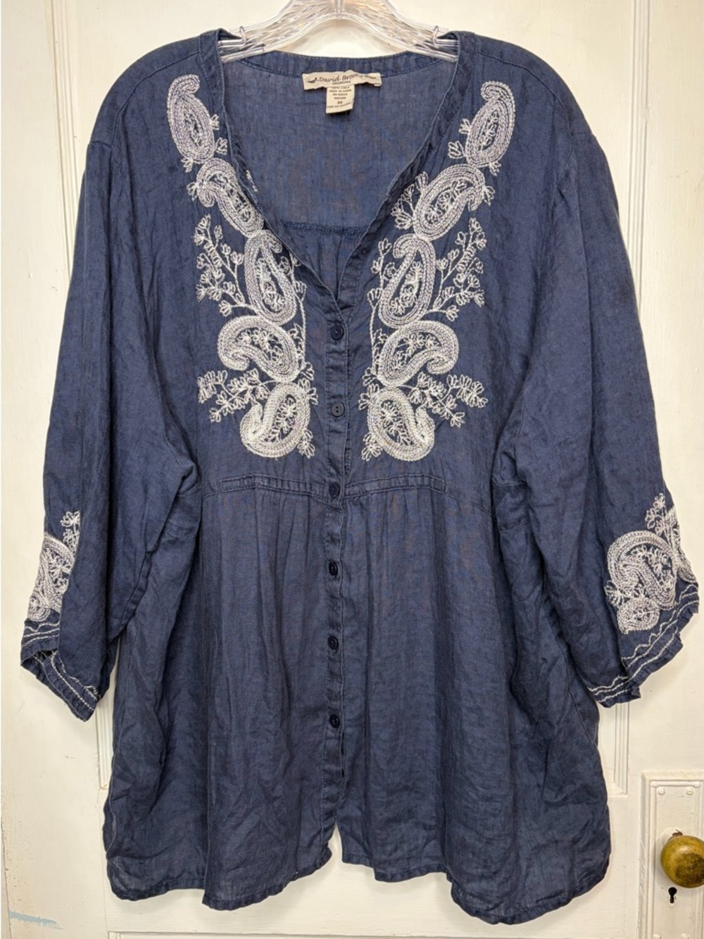 David brooks Blouse Tunic Top Button Down Embroidered Navy Linen Coastal Sz 2X
